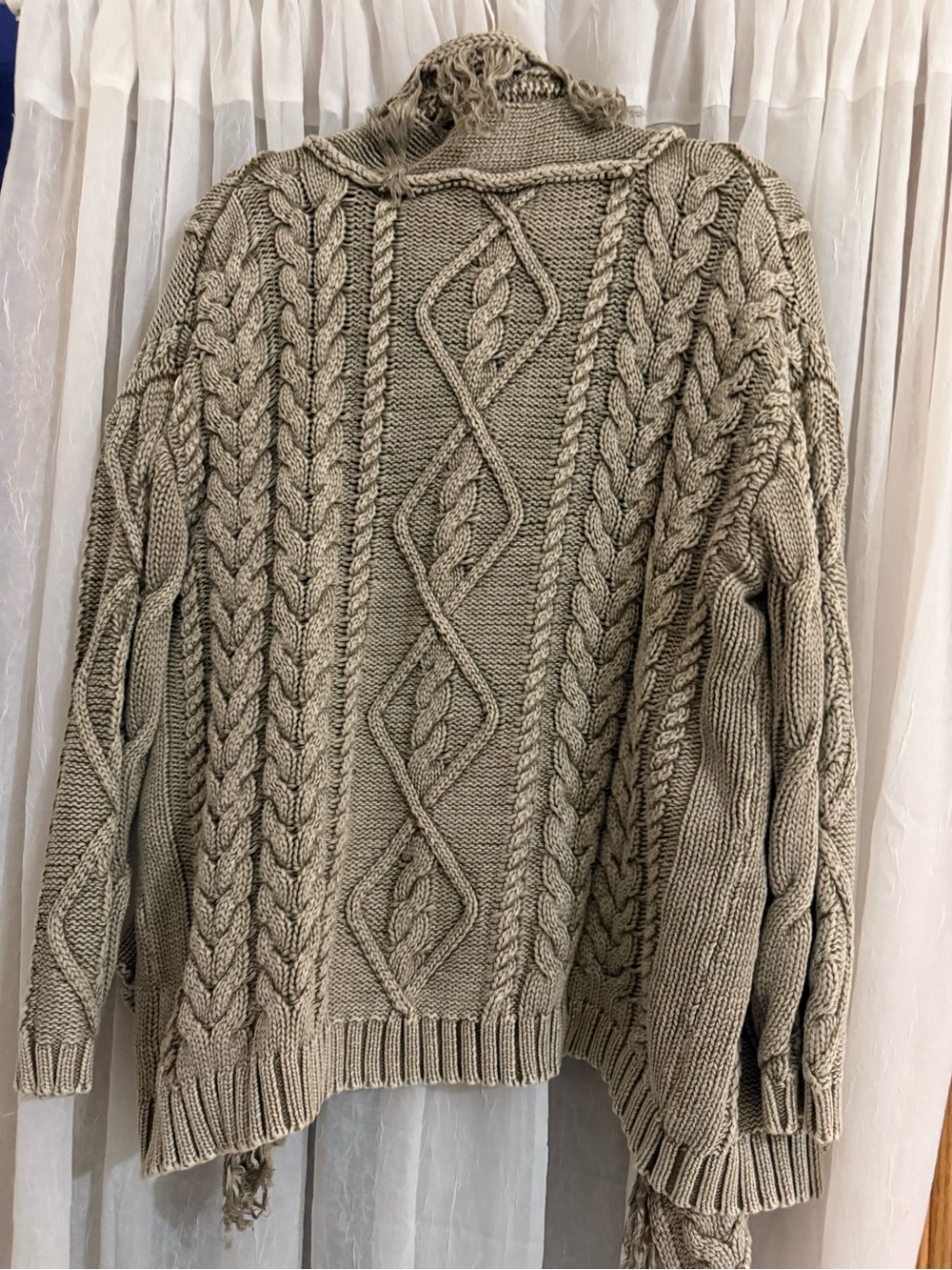 Open-Front Fringed Cable-Knit Cardigan Sweater - Taupe - Picture 2 of 3